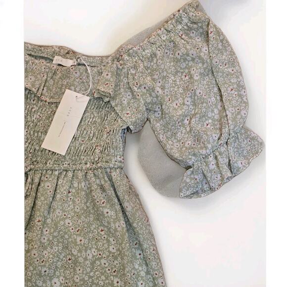 NWT Lush Floral Babydoll Mini Dress Puff Sleeve Sage Coquette Small NEW Smocked - Picture 2 of 6
